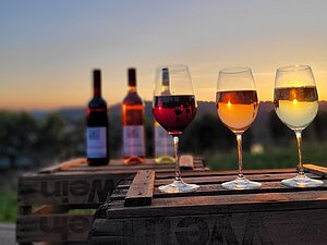 Rotwein, Weißwein und Weißherbst vor Sonnenuntergang