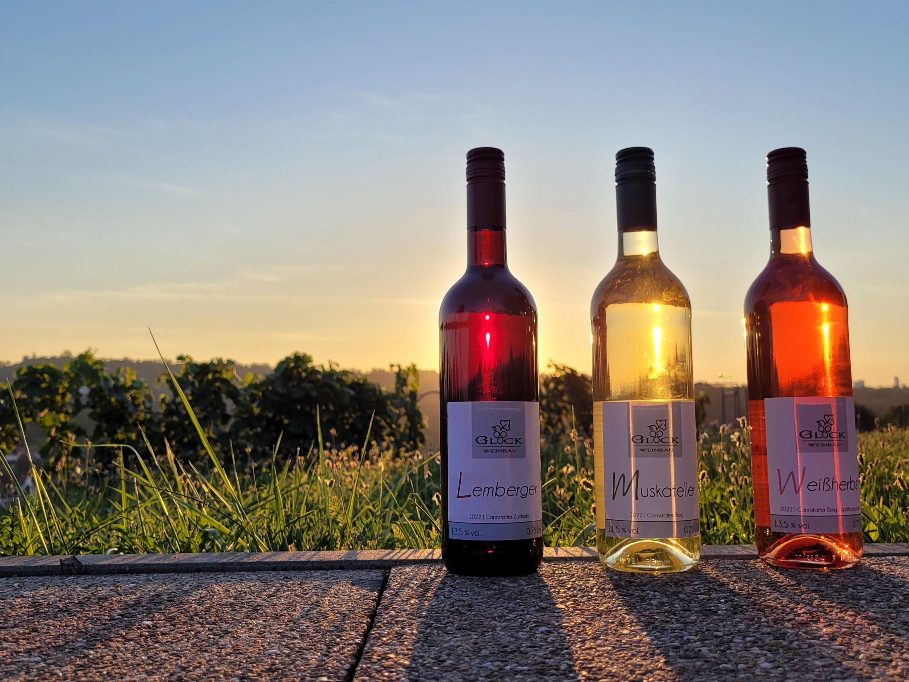 Weißwein, Rotwein und Weißherbst vor Sonnenuntergang