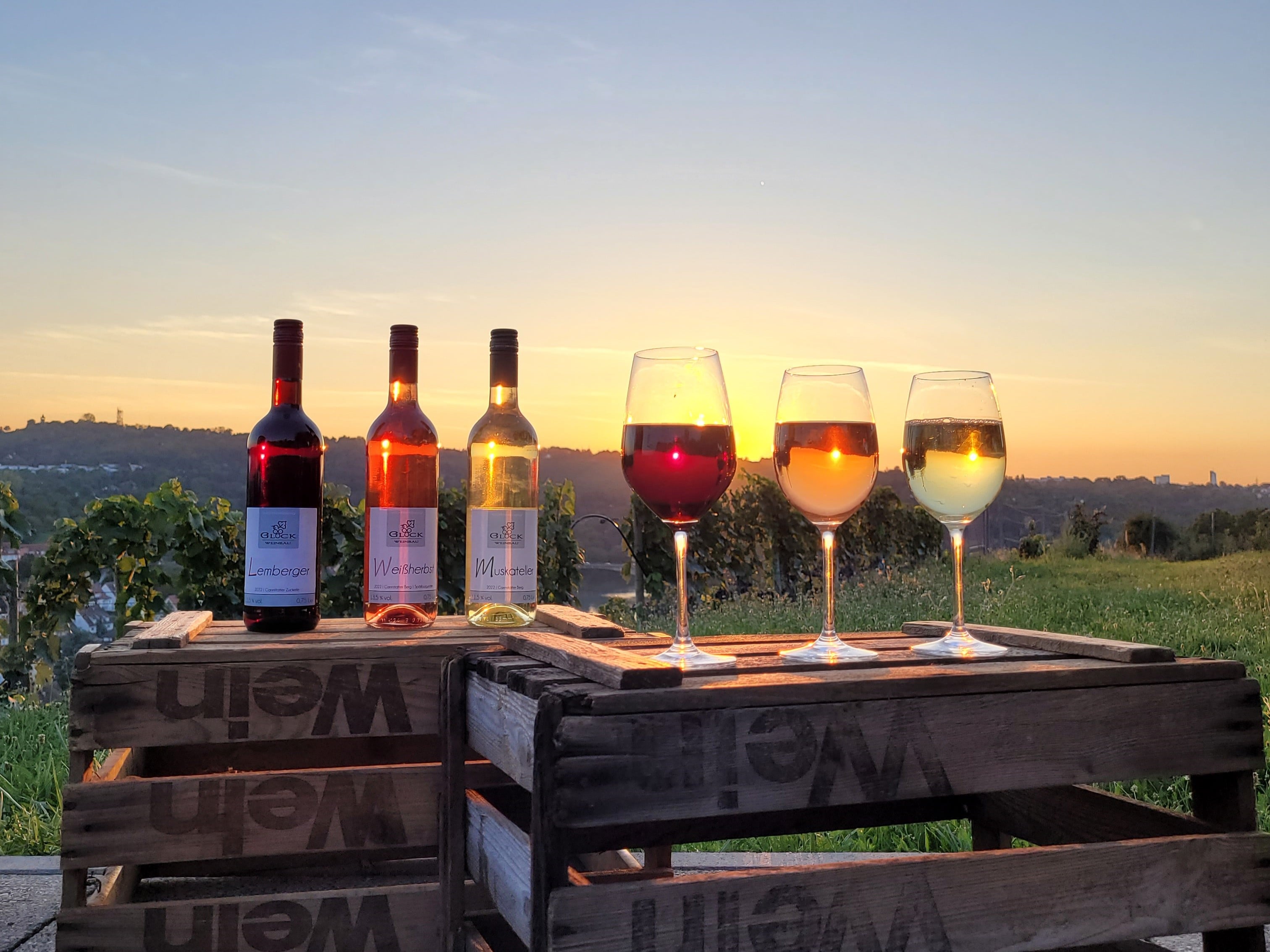 Weißwein, Rotwein und Weißherbst vor Sonnenuntergang im Glas