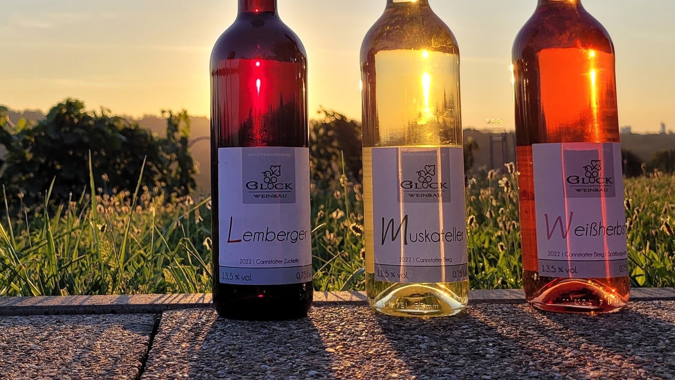 Weißwein, Rotwein und Weißherbst in der Flasche